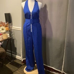 NWT WOMEN SZ L EMMIOL ROYAL BLUE BELTED SLEEVELESS JUMPSUIT
